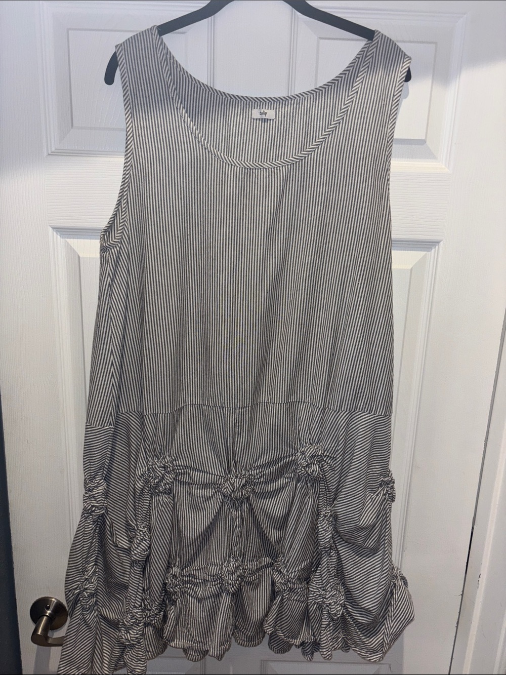 Sleeveless Black & White Striped Mini Dress with Gathered Hem